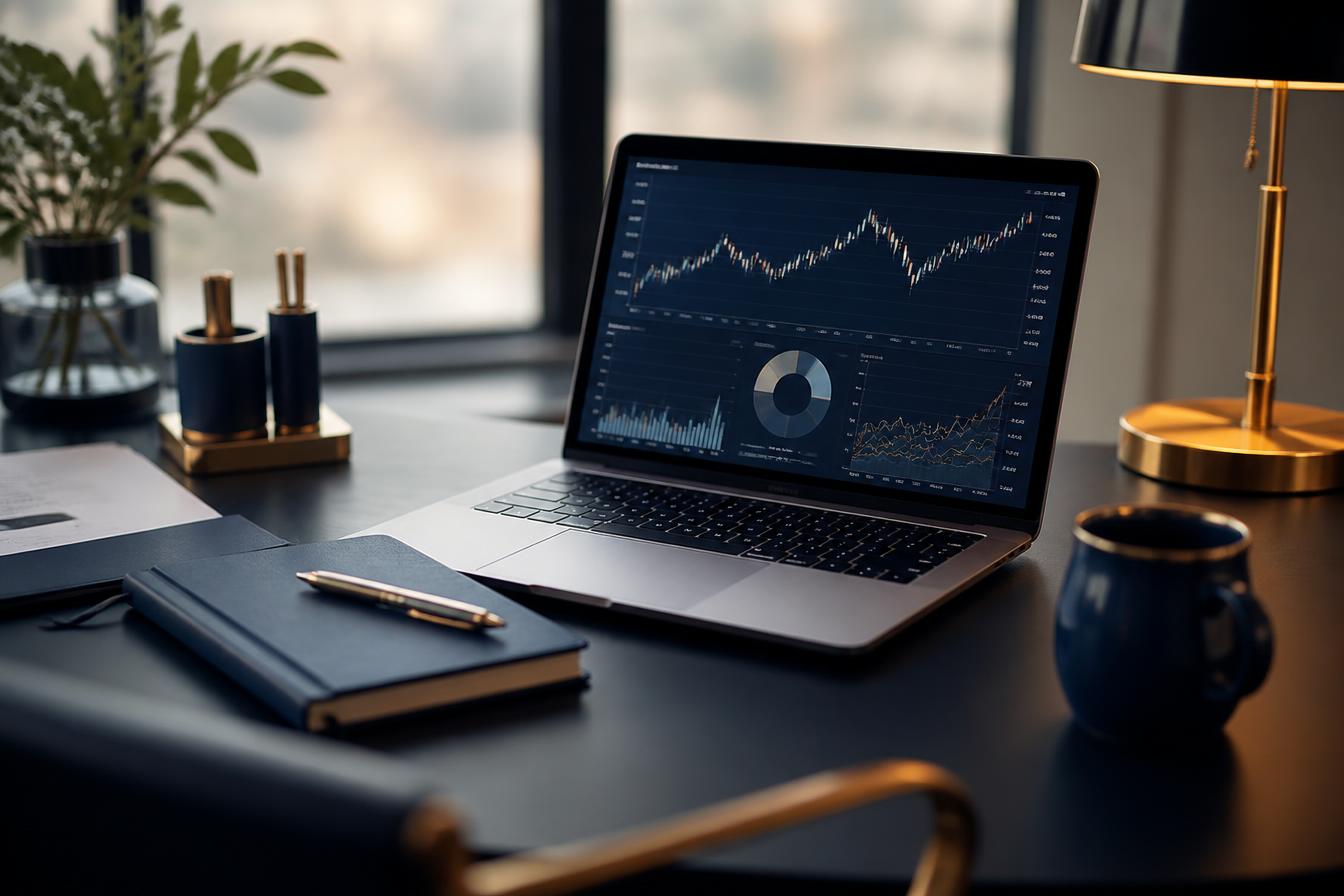 Modern investment workspace with financial charts, laptop, and warm ambient light